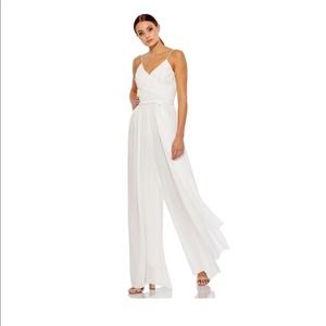 Ieena for Mac Duggal faux wrap wide leg white jumpsuit